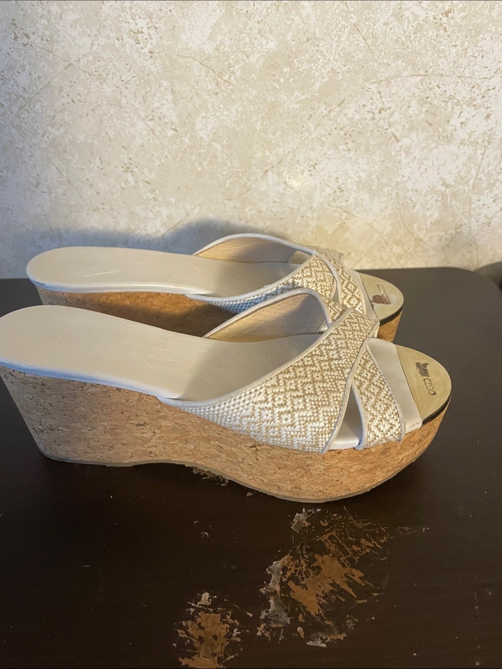 Jimmy Choo Cream Woven Cork Platform Wedge Sandals